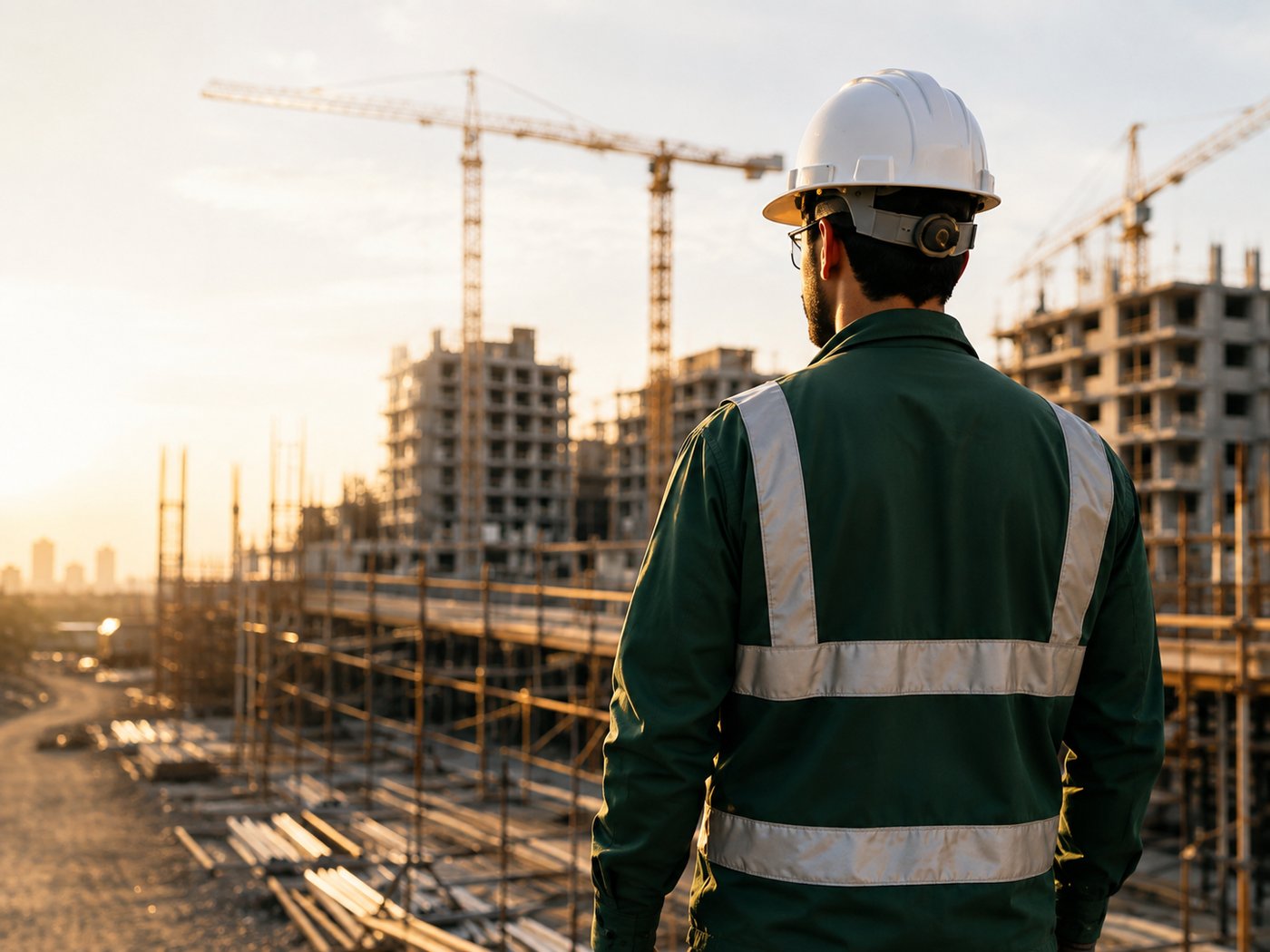 Supervisor de prevención de riesgos en terreno, con casco y chaleco, frente a una obra en construcción